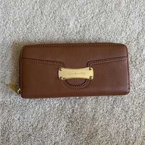 Michael Kors Chestnut Brown Pebbled Leather Zip Wallet with Gold Plate
